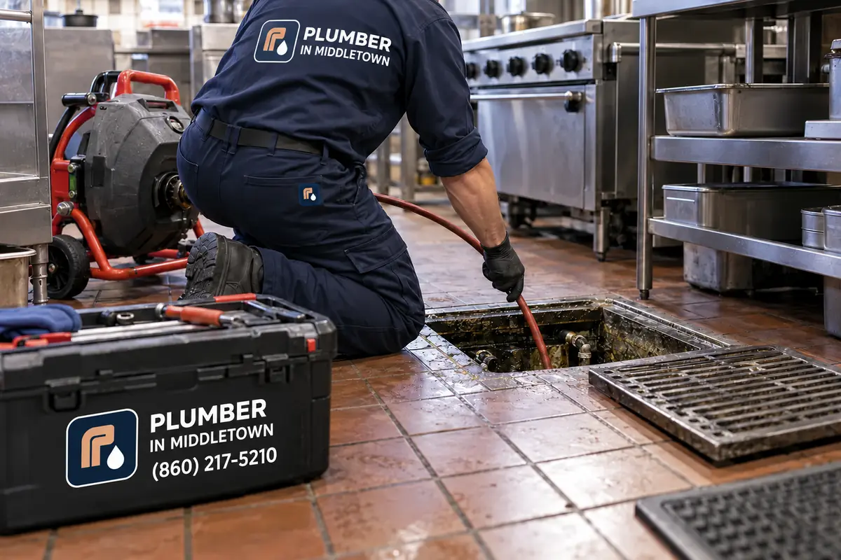 Plumber working on a restaurant kitchen floor drain and grease line