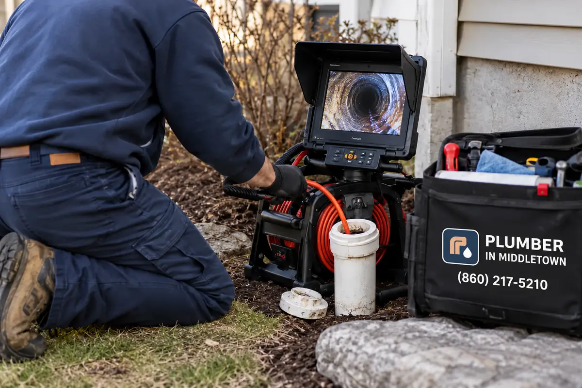 Technician reviewing live pipe video beside a cleanout