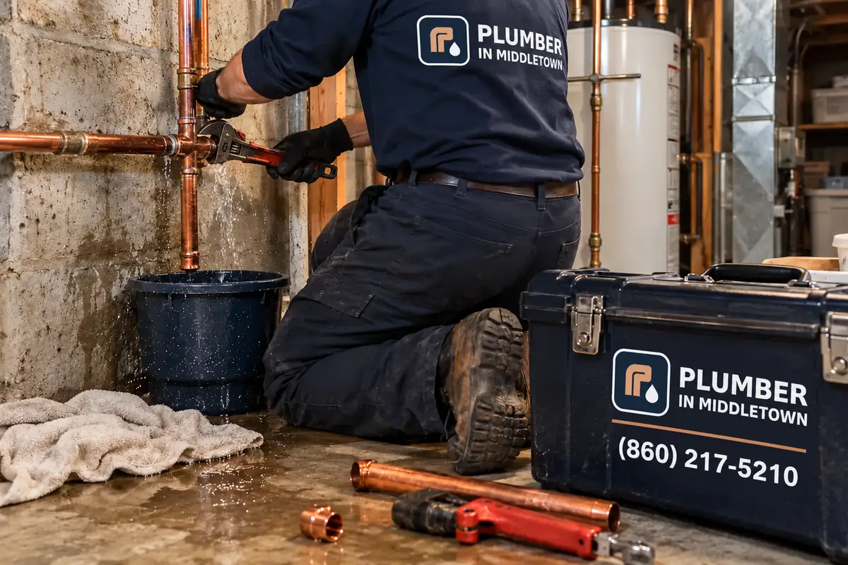 Plumber repairing a burst copper pipe in a basement