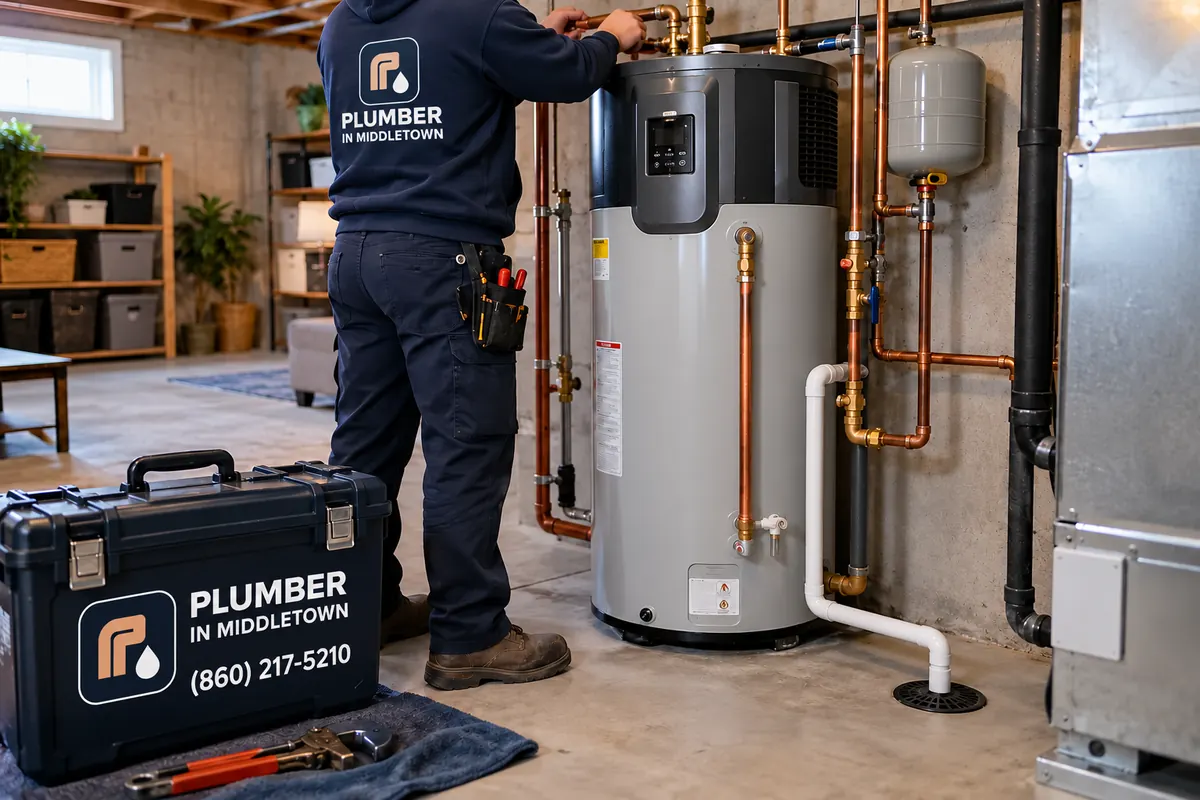 Hybrid tank with condensate line in a finished basement