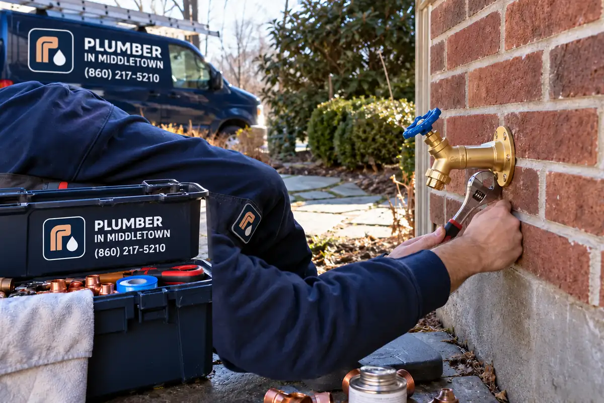 New frost free sillcock installed on a brick wall