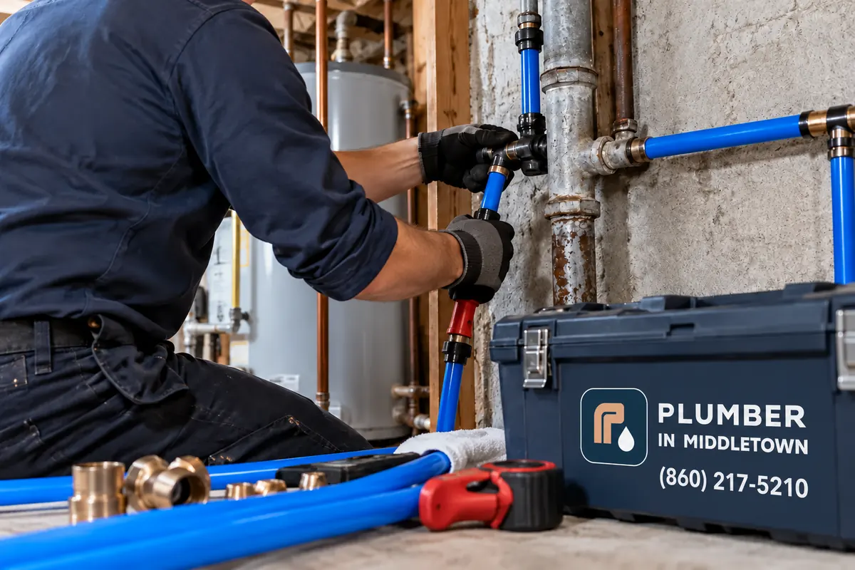 Plumber replacing a corroded galvanized section with new PEX
