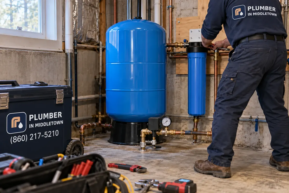 Plumber replacing a pressure tank and filter on a well line