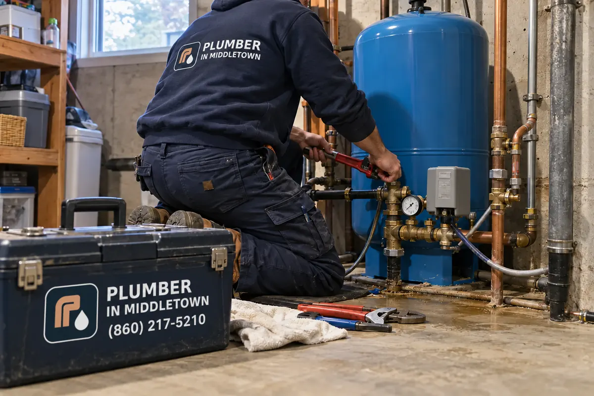 Plumber servicing a well pressure tank