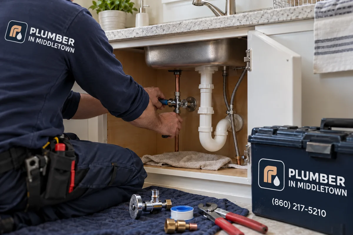 Plumber replacing a shutoff valve under a sink in a garden style apartment