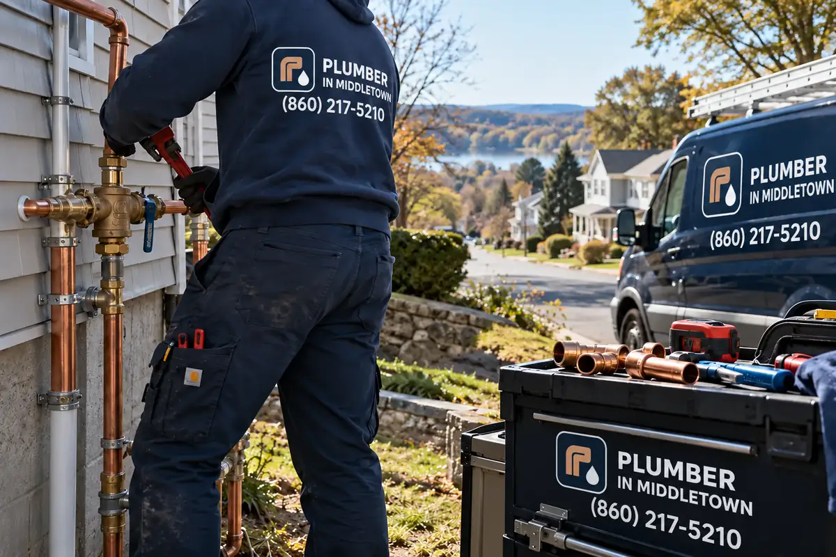 Plumbing service vehicle on a residential street