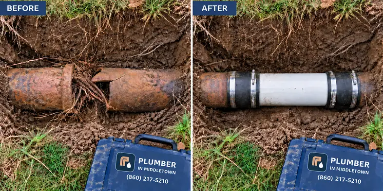 A damaged clay sewer pipe and repaired section in the same trench