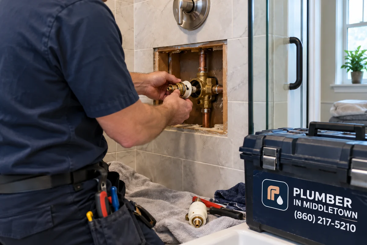 Plumber replacing a cartridge through an access panel behind the wall
