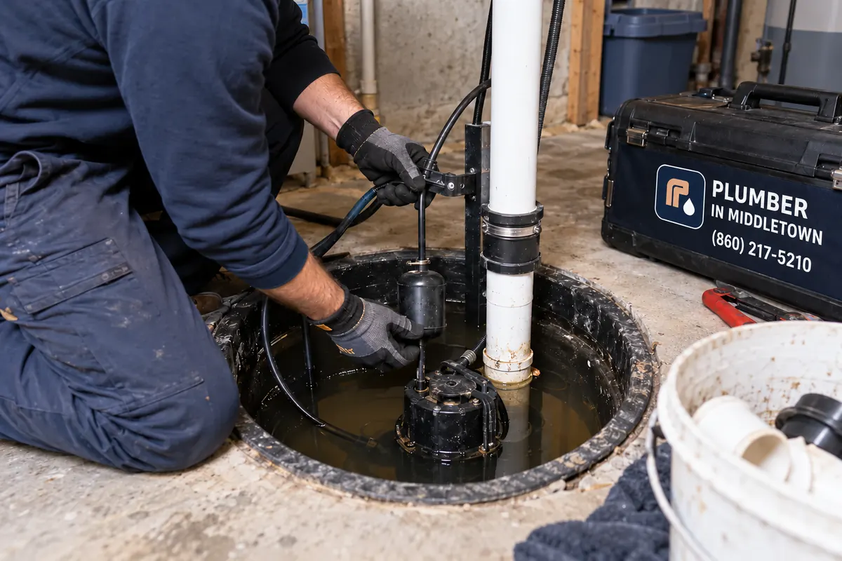 Plumber replacing a stuck float switch in a full pit