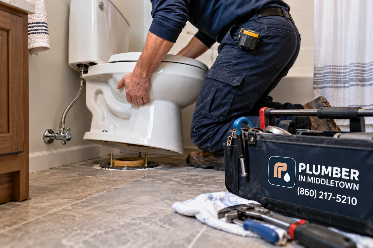 Plumber setting a toilet on a new wax seal over the flange