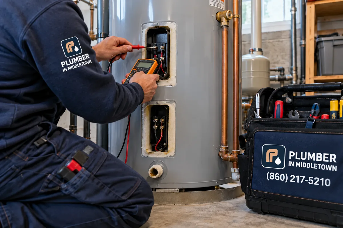 Plumber testing a thermostat on an electric tank