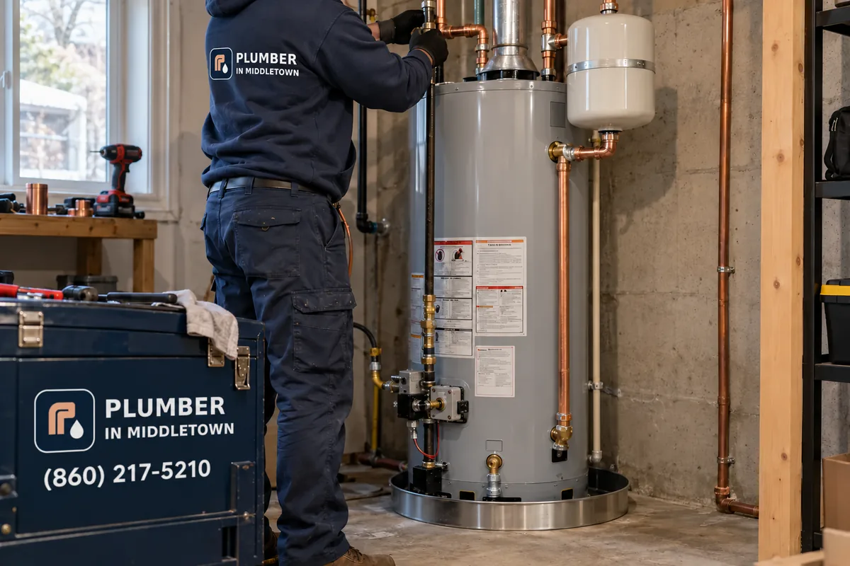 New gas tank installed with expansion tank and drain pan