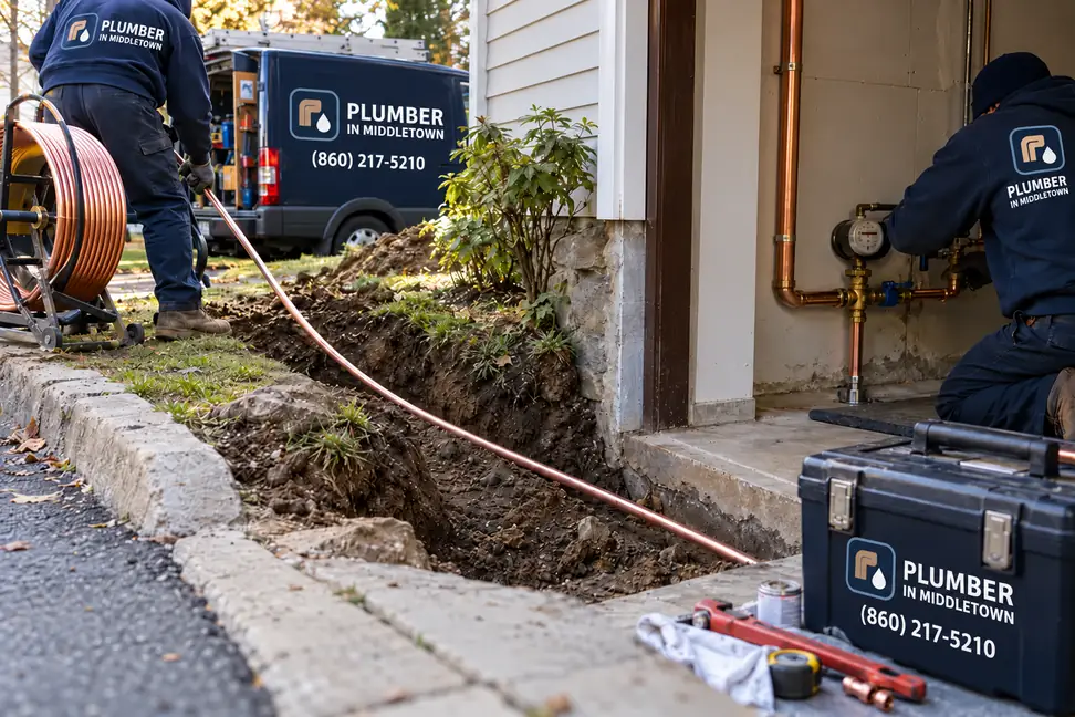 Crew laying a new copper line from the curb stop to a basement meter