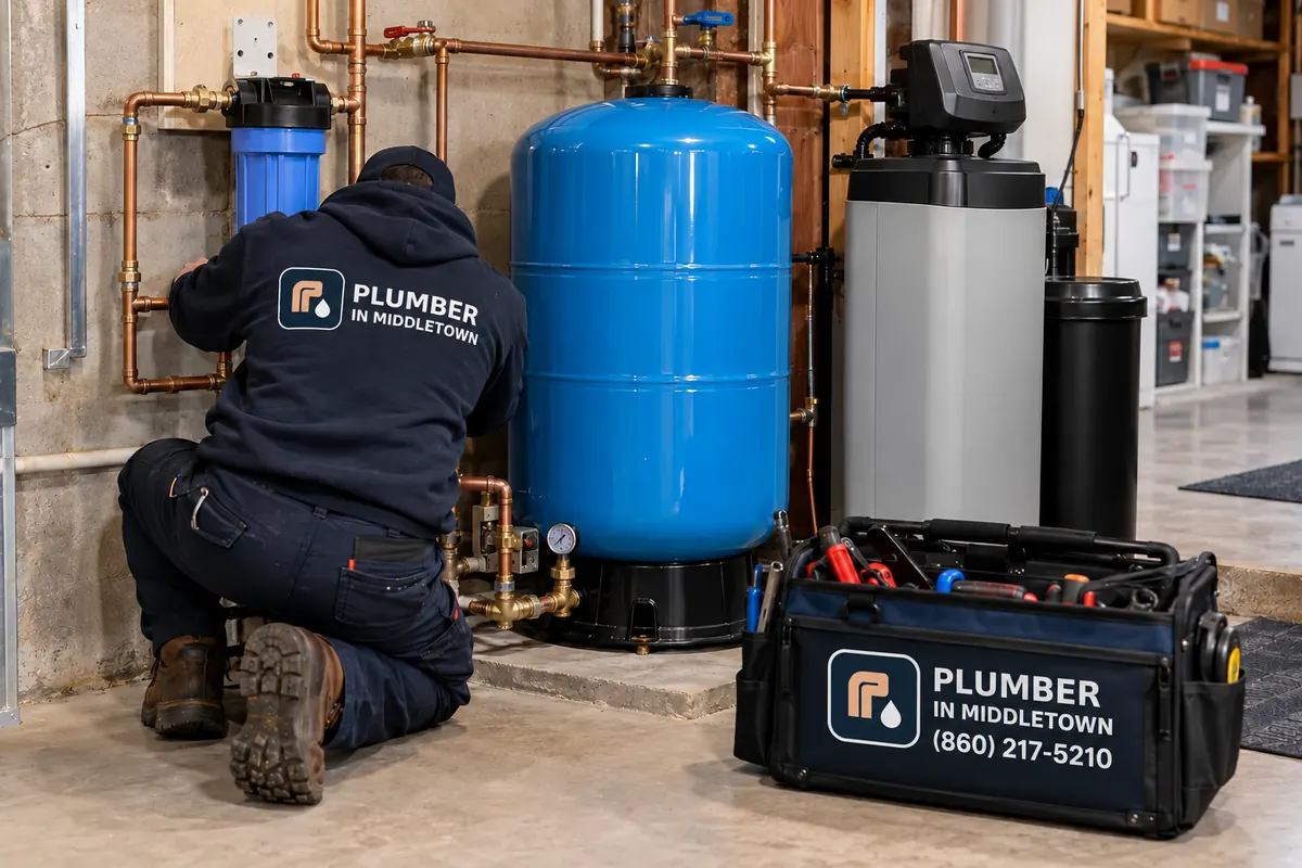 Pressure tank and water softener installed in a basement utility corner